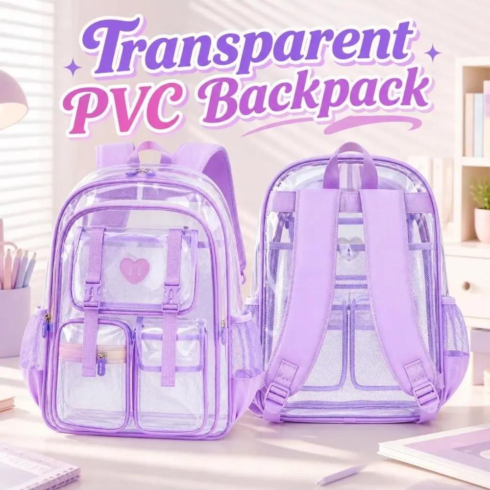 Multi Pocket Clear Backpack Zippered Large Capacity Transparent Bookbag Waterproof Smooth PVC School Bag School,Travel,Gym