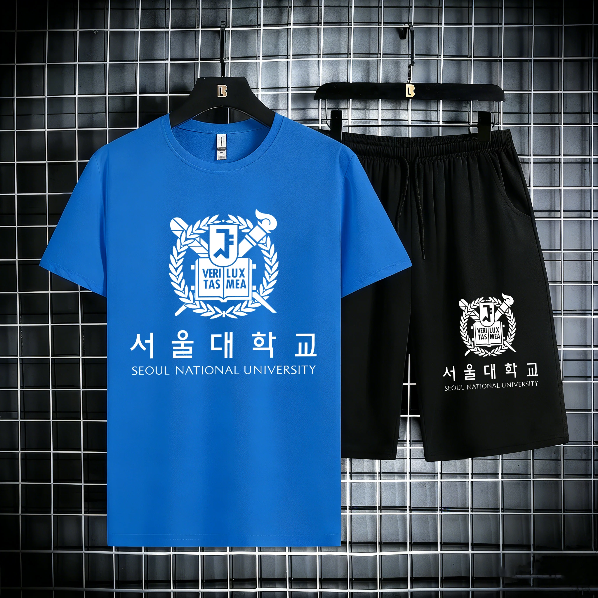 

Seoul National University Print Male Summer Cotton Cool Short 2 Piece Set Pocket All-Match Bottom Classic Simple Tees & Shorts