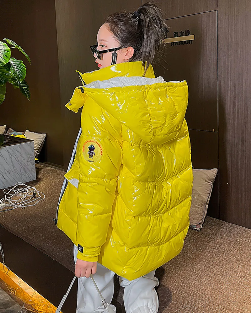 Stand Collar Hooded Big Pocket Glossy Down Cotton Jacket Winter 2024 Loose White Black Yellow Green Warm Long Sleeve Parkas Coat