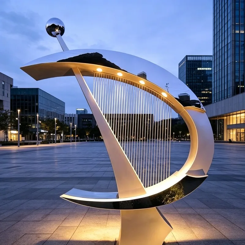 LED Glowing Crescent Harp Stainless Steel Sculpture Custom Metal Statue For Villa Hotel Park Waterside Outdoor Garden Landscape