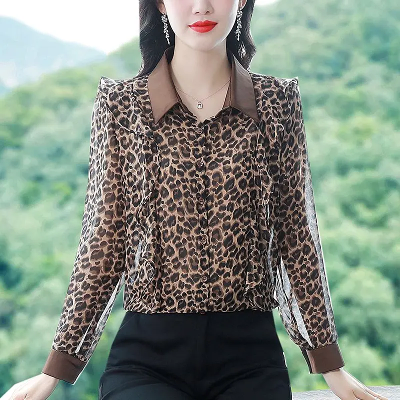 الأزهار الشيفون بلوزة المرأة ربيع الخريف أنيقة طويلة الأكمام كشكش الأعلى XQ240 #2