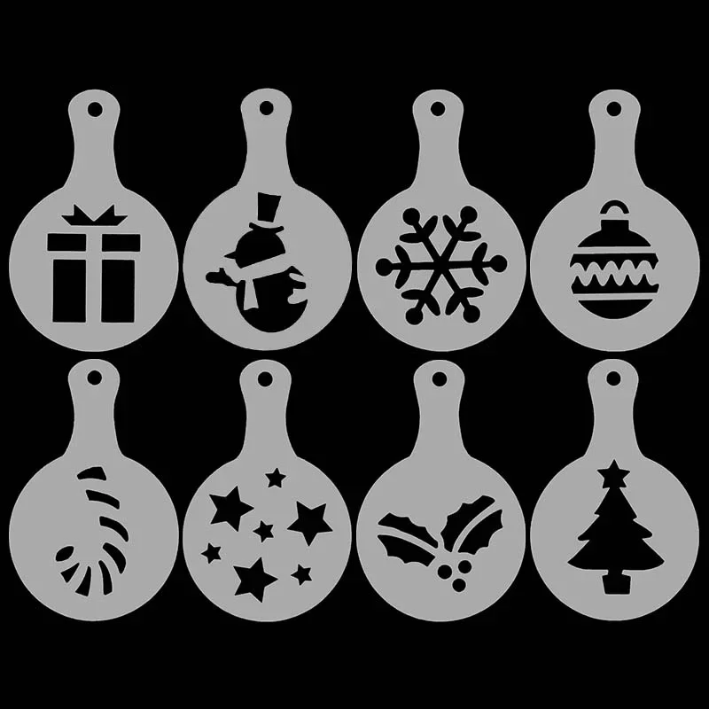 8Pcs Christmas Cake Stencil Templates Cookie Fondant Baking Painting Mold Tools Dessert Coffee Party DIY Decoration Molds