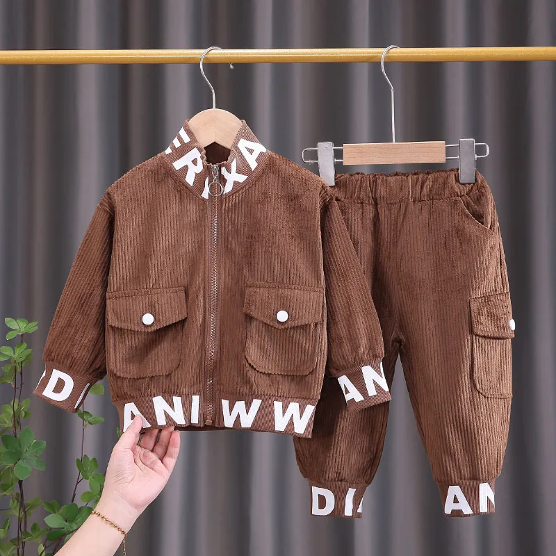 Clothing set autumn winter warmth corduroy warm jacket+pants 0-5-years old boys girls letter printed fashion children's clothing