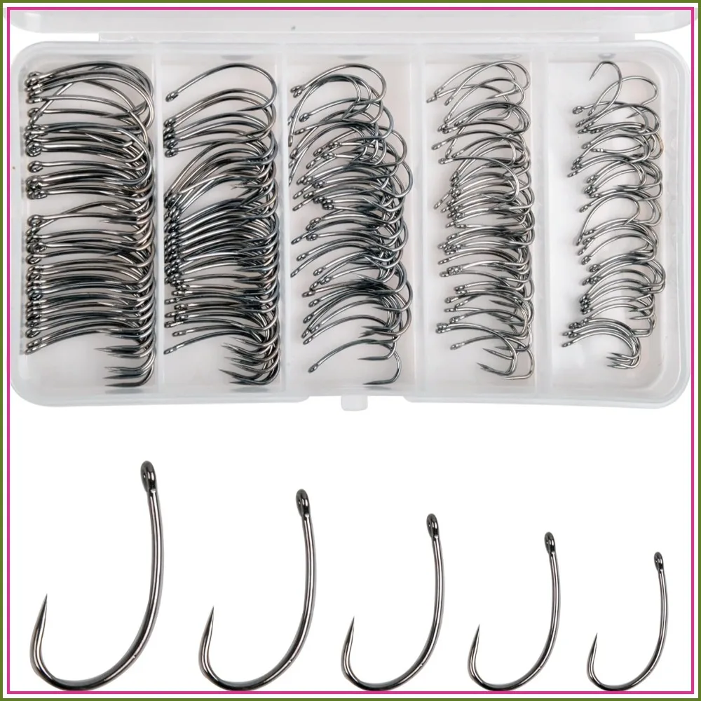 

175pcs Barbless Fishing Hook Kit, Small Size Carp Hooks Curve Shank Crank Wide Gape Fly Tying Circle Hooks with Tackle Box Sizes 2#-10#