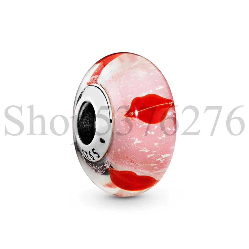 925 Sterling Silver Bead Flower Lips Christmas Holly Swirl Murano Glass Charm Fit Pandora Women Bracelet Bangle Gift DIY Jewelry