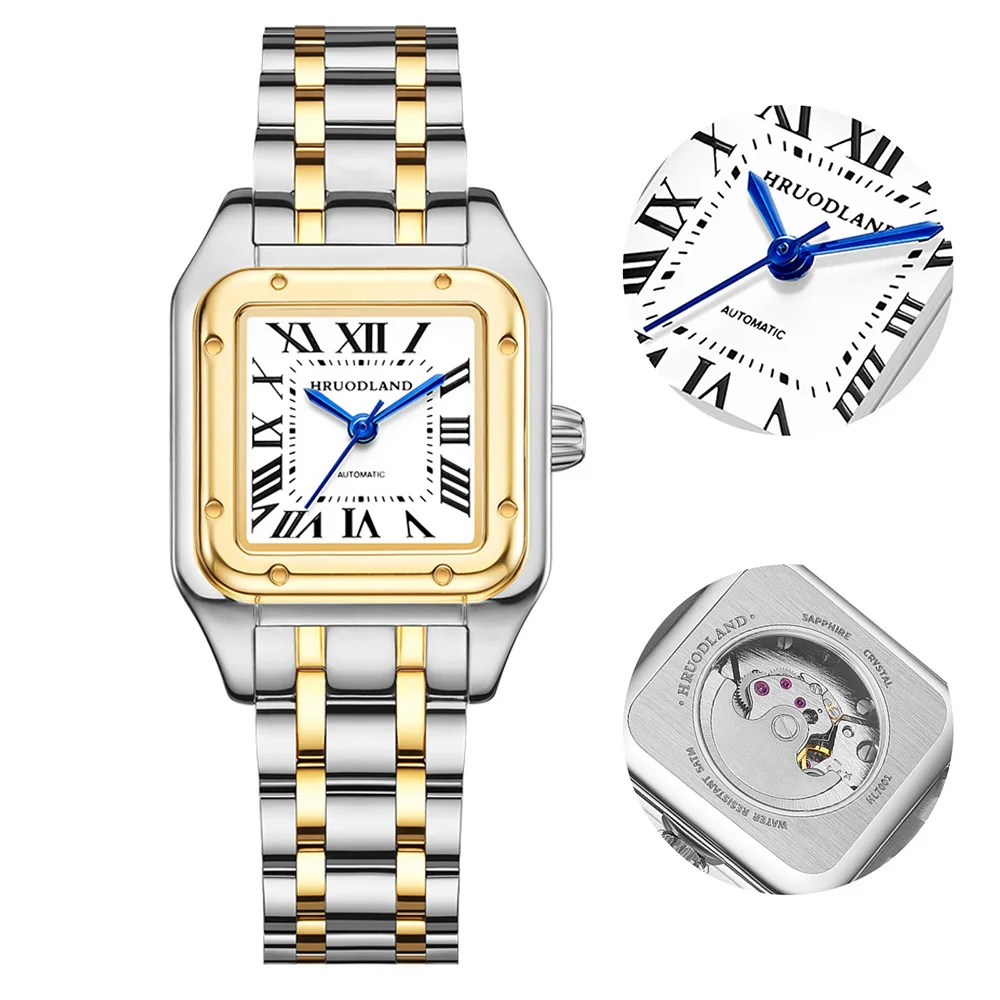 HRUODLAND Women's Square Automatic Watch 27mm Luxury Mechanical Watch Panther Style Watch Roman Numeral Dial Sapphire Crystal