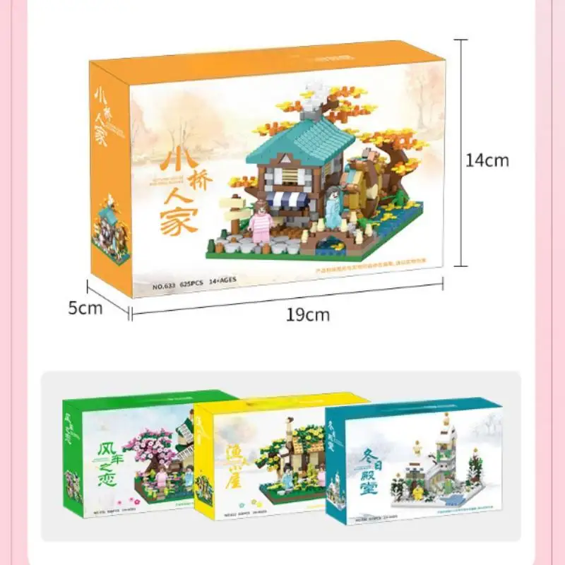 OUZEY 600 + peças MOC Mini blocos de construção: quatro estações Sakura e moinho de vento casa micro tijolos montar kit, presente criativo para crianças