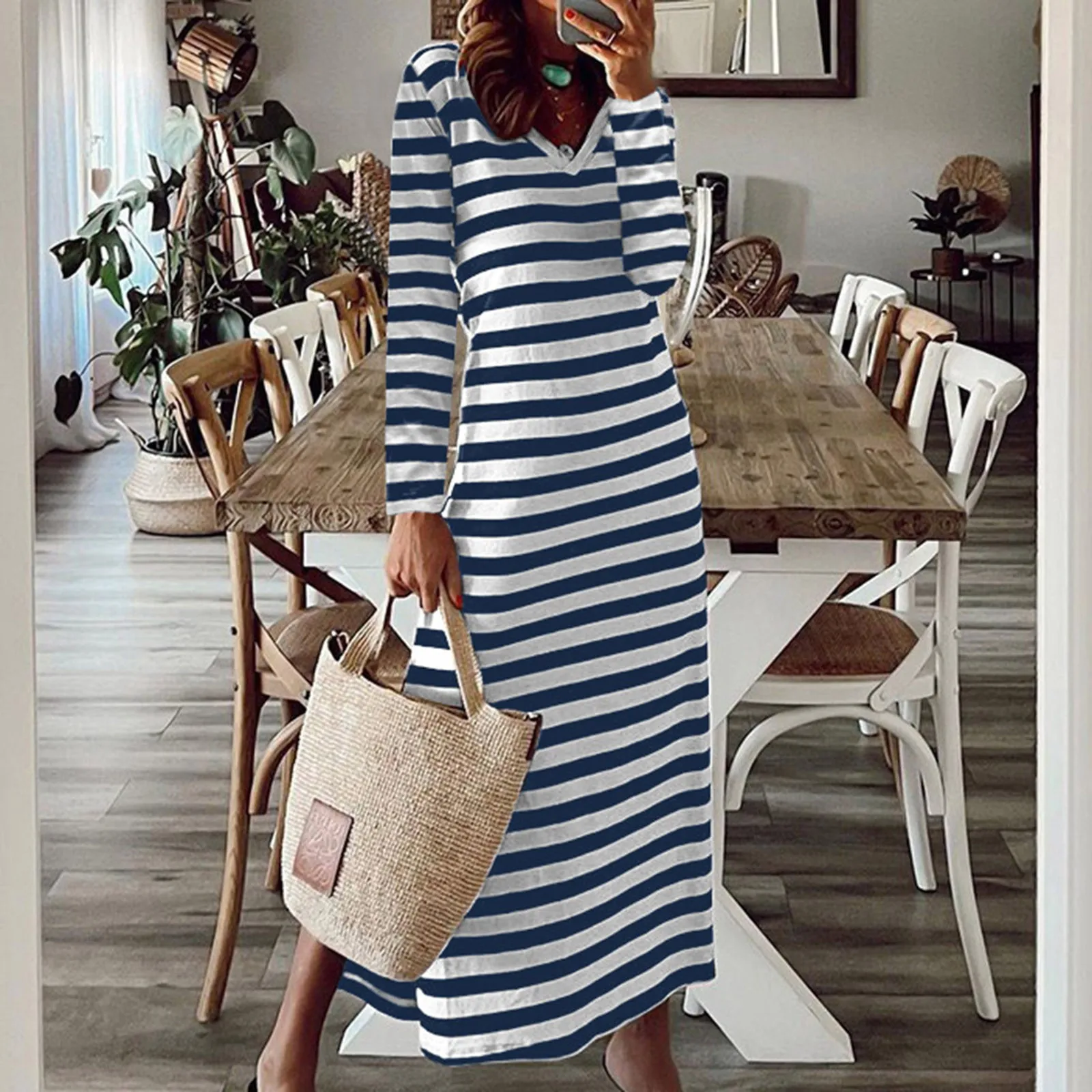 

Ladies New Long Sleeve Deep V Neck Dresses Slit Loose Fit Striped Printed Long Maxi Casual Fashionable Female Dress