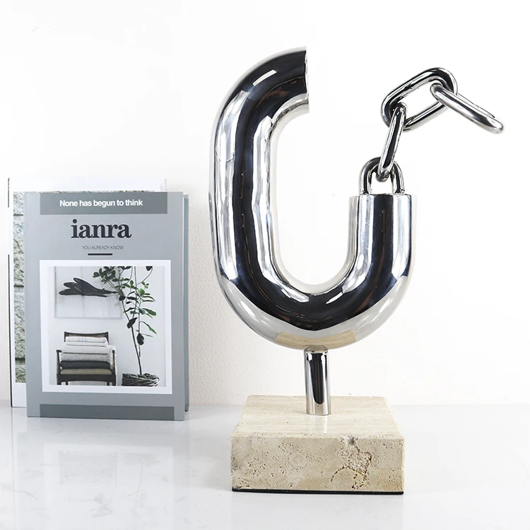Modern Abstract Silver Metal Marble Horseshoe Chain Sculpture Handmade Carved Luxury Desk Accessories for Home/Office/Hotel
