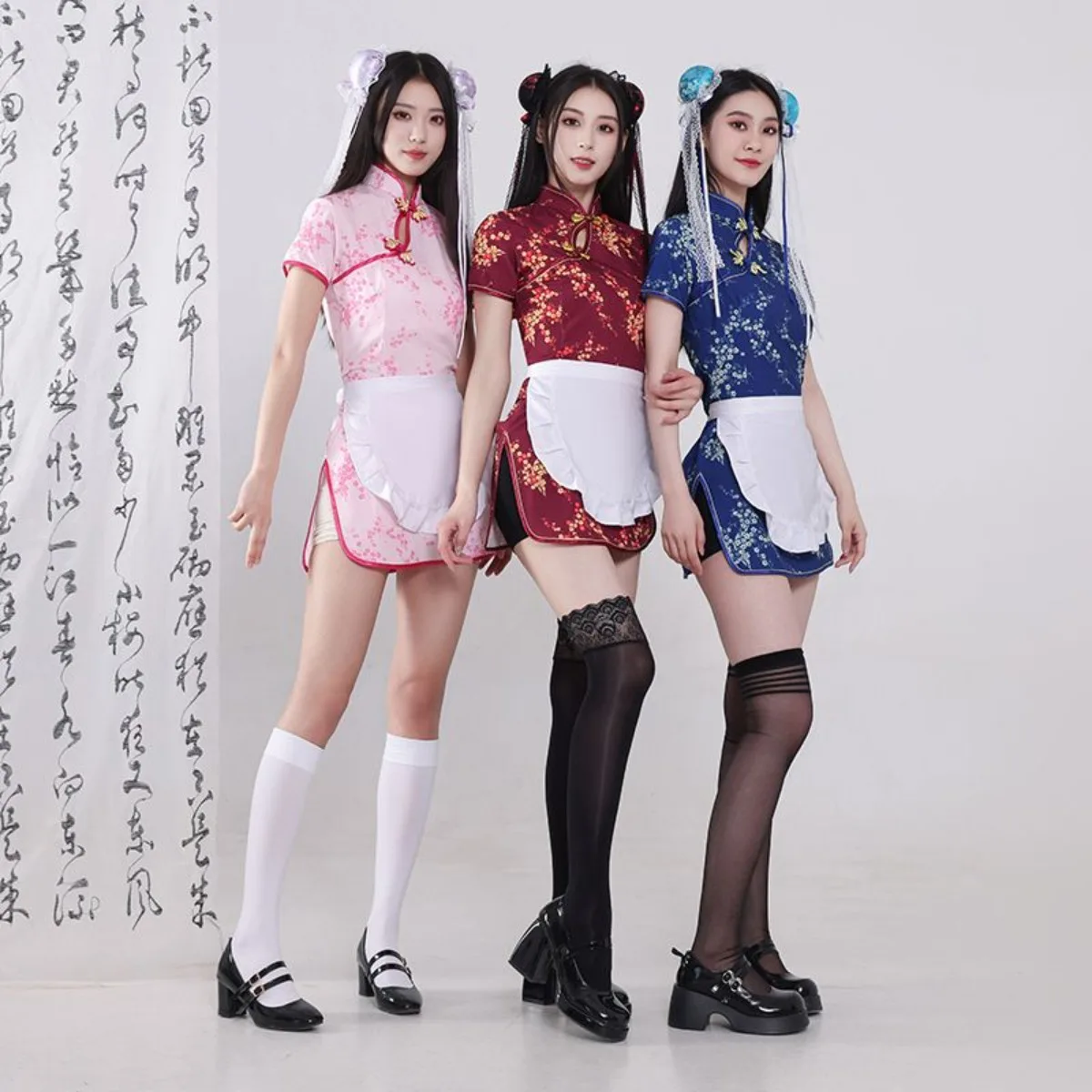 زي تنكري لفتاة الشيف الصينية، فستان تشيباو قصير بفتحة رقبة مائلة، مريلة خادمة لوليتا كوس ملابس نسائية صينية