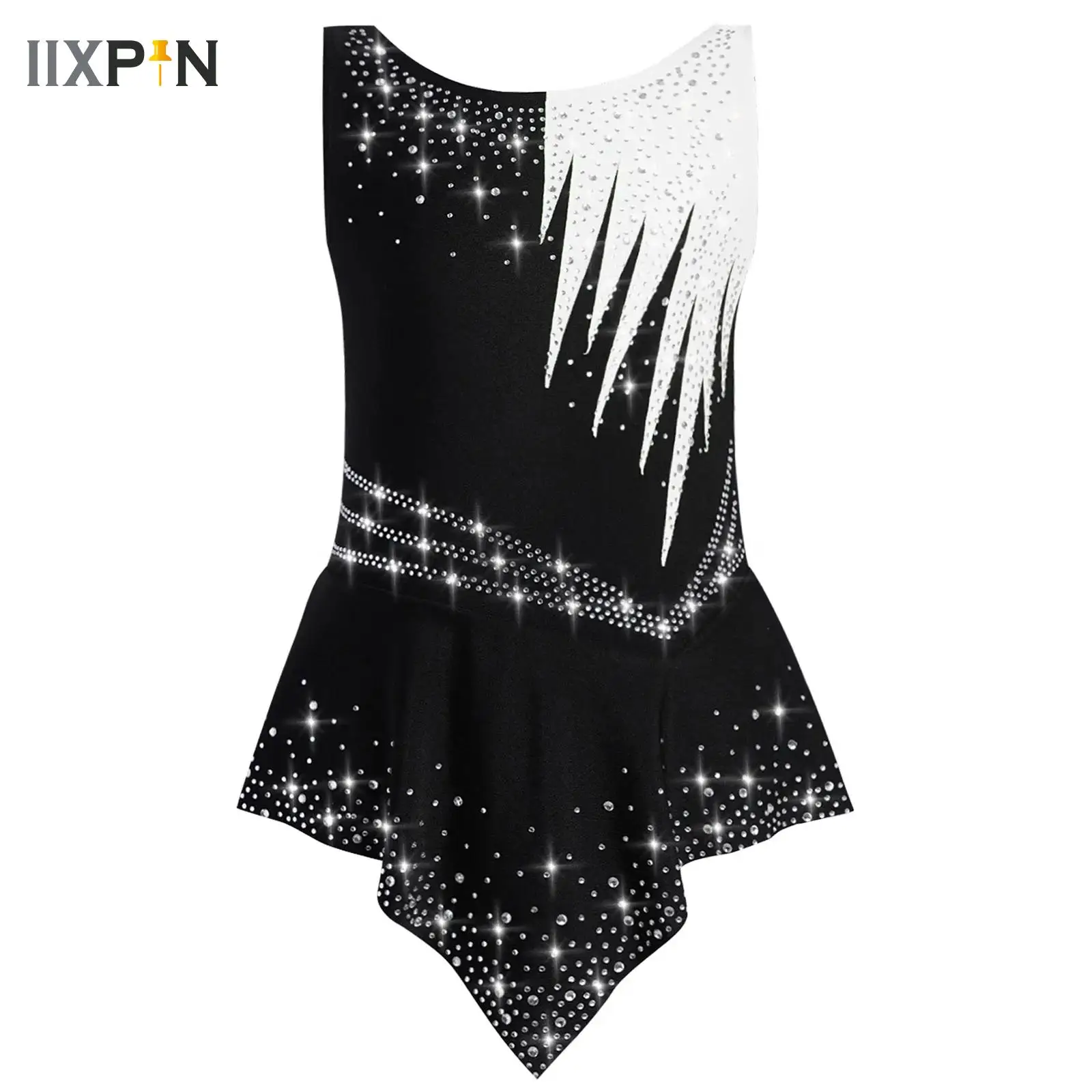 

Child Girls Ballet Dance Bodysuit Figure Skating Jersey Lyrical Rhythmic Gymnastics Dress Sleeveless Rhinestones Skirted Leotard