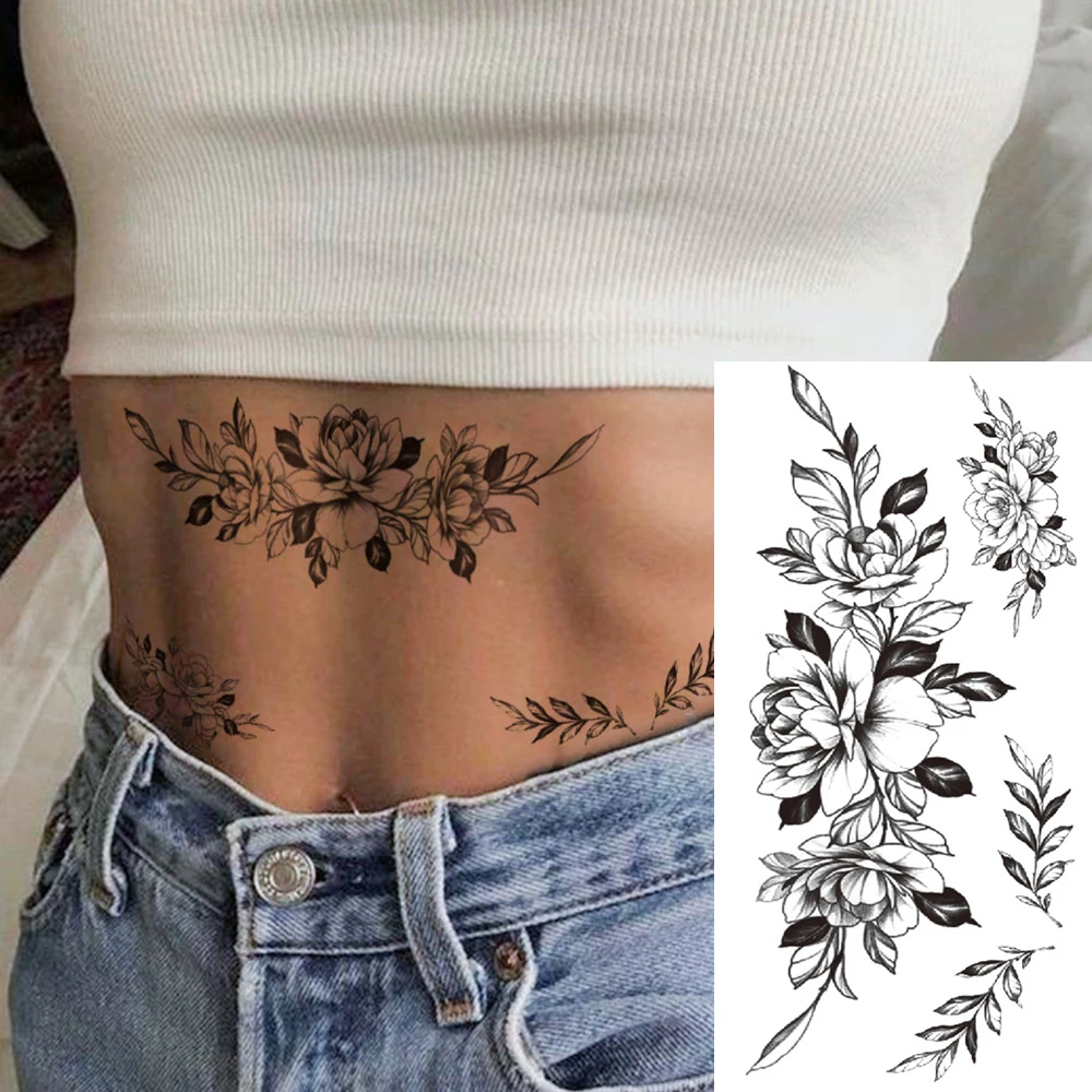 

Waist Totem Waterproof Temporary Tattoo Sticker Black Line Flowers Rose Lily Peony Body Art Arm Fake Tattoos Sleeve Women Men