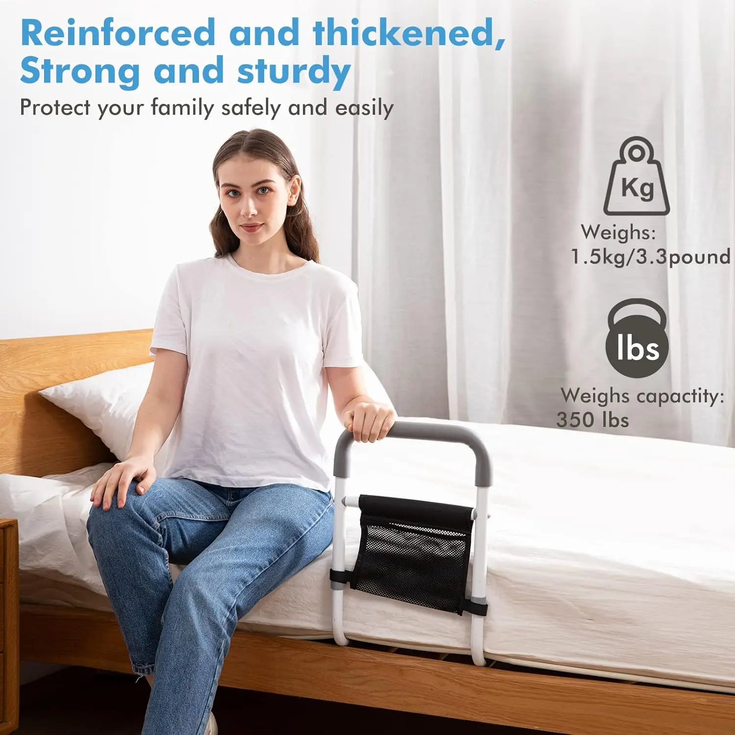قضبان السرير لكبار السن البالغين، ارتفاع أمان قابل للتعديل، سكة مساعدة للسرير لكبار السن، قضيب إمساك بجانب السرير مع جيب تخزين #2