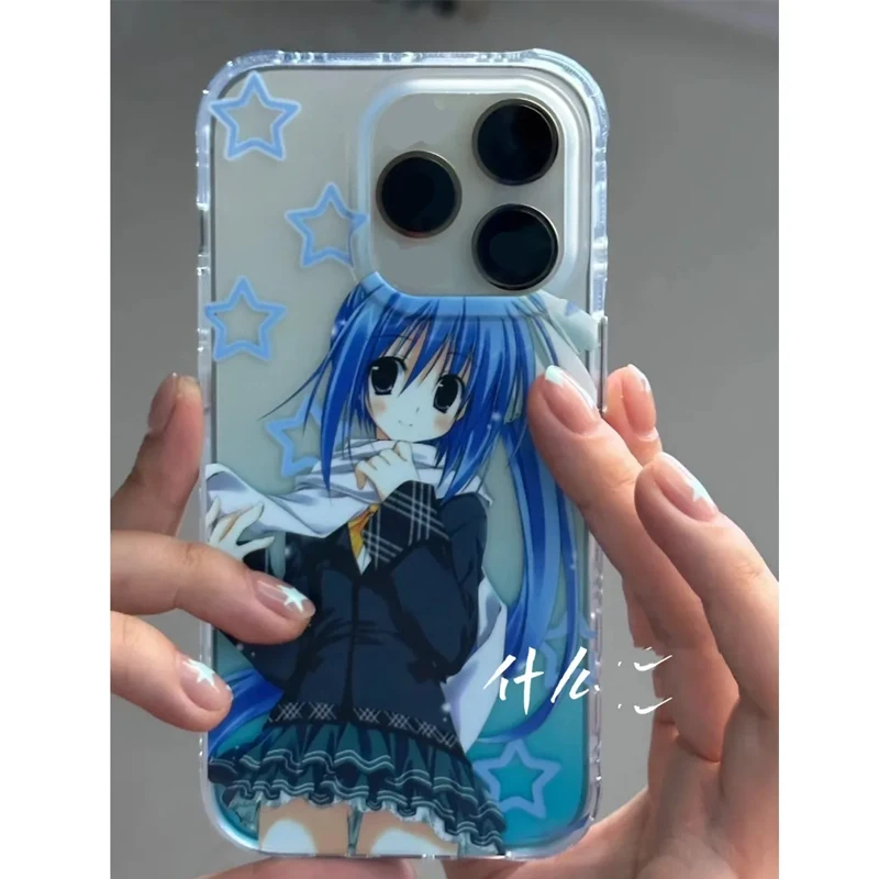 Funda de teléfono bonita y creativa de chica de pelo azul de estilo universitario de Anime para iPhone 16 E 15 14 13 12 11 Pro XS Max 7 8 Plus MINI Y2K