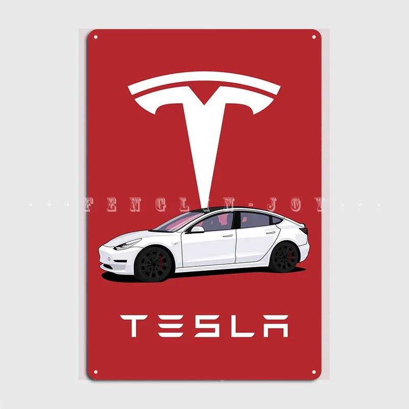 Tesla M3 White Metal Sign Wall Cave Party Create Plates Tin Sign Poster