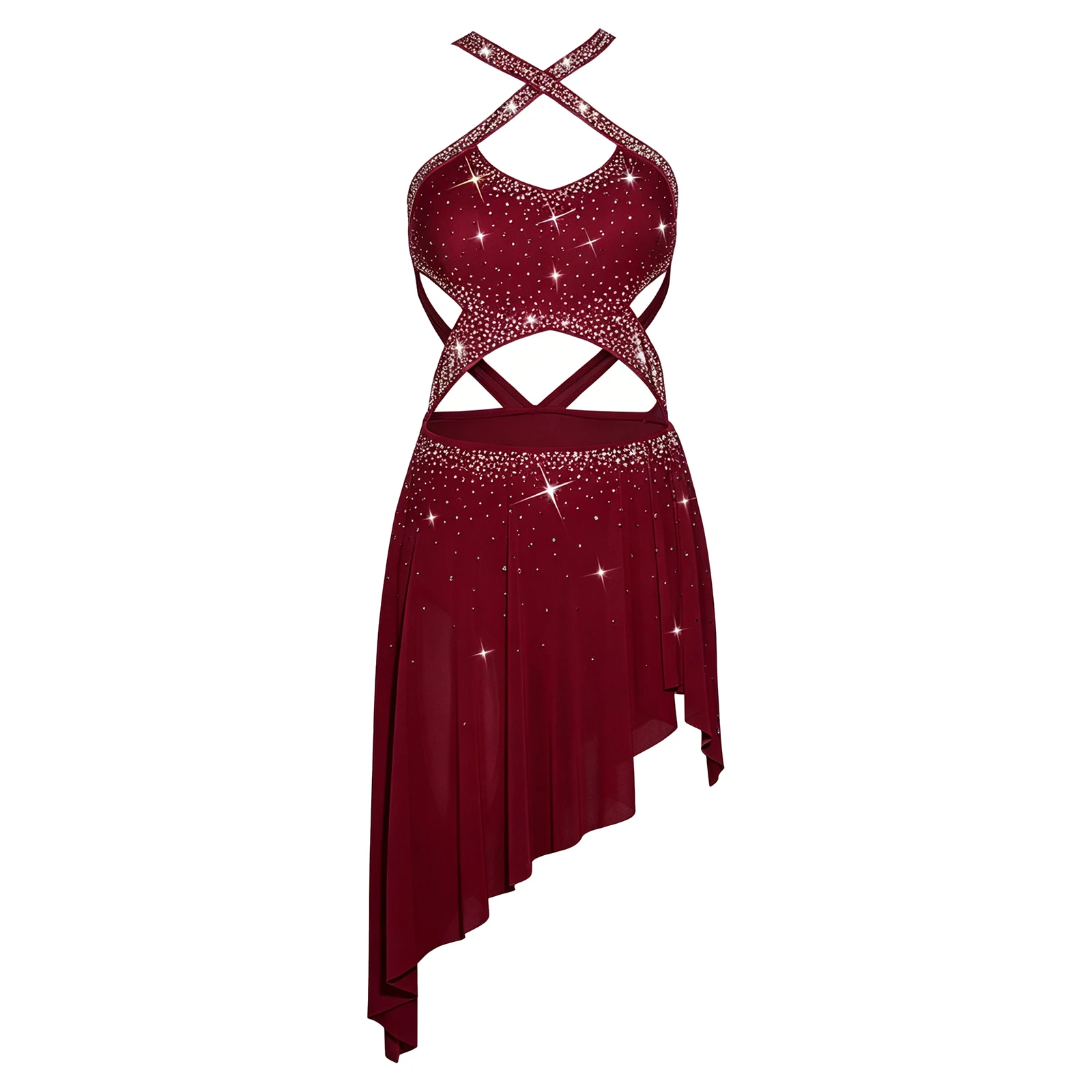 

Modern Ballerina Dance Dress for Women Crossing Straps Sleeveless Backless Mesh Hem Bodysuit Dresses for Tango Salsa Latin Dance