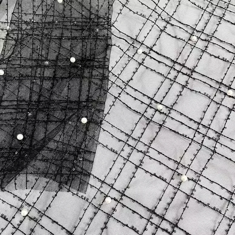 

1yard High quality lace sewing Black checkered mesh sequin bead tissu fabric for clothing dress cheongsam fabric