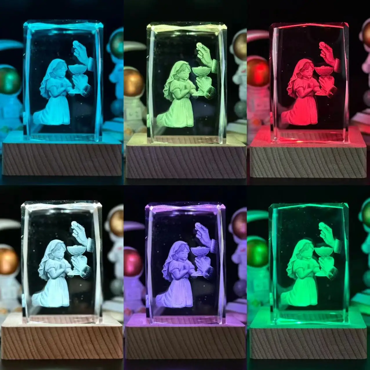 1pc,3D laser carved Crystal Communion girl square nightlight, with colored light wood lamp holder, home decoration decoration, s