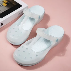 Summer Women Mary Jane Beach Sandals Hollow Out Breathable Jelly Garden Shoes Soft Bottom Anti Slip Slope Heel Cool Slippers