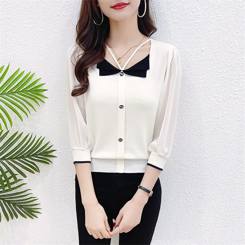 Women Clothing Fashion Contrast Color Elegant Chic Ice Silk Knitwears Female Korean V Neck Hollow 3/4 Sleeve Slim Pullover Tops