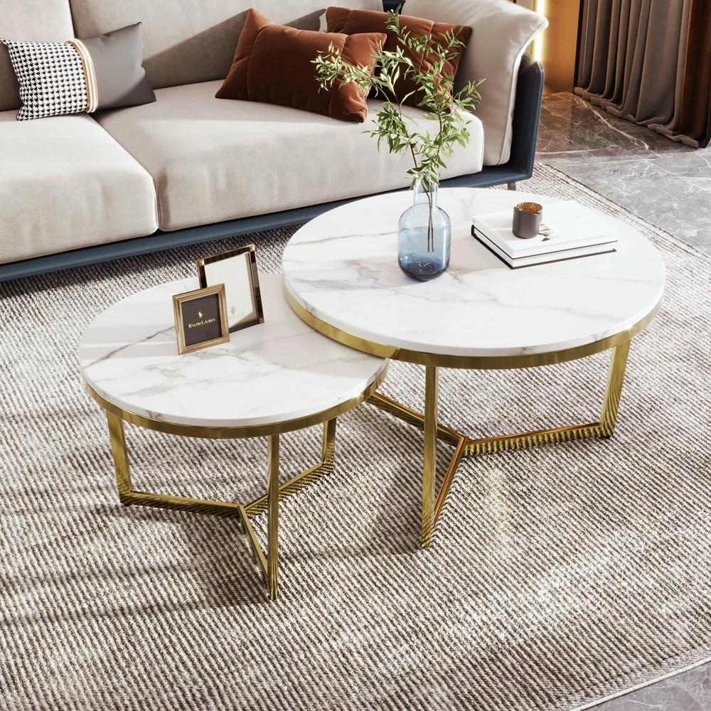 Oversized Round Coffee Table Set of 2 Nesting Marble Pattern White Wood Metal Gold Frame Suitable Living Room Accent Furniture