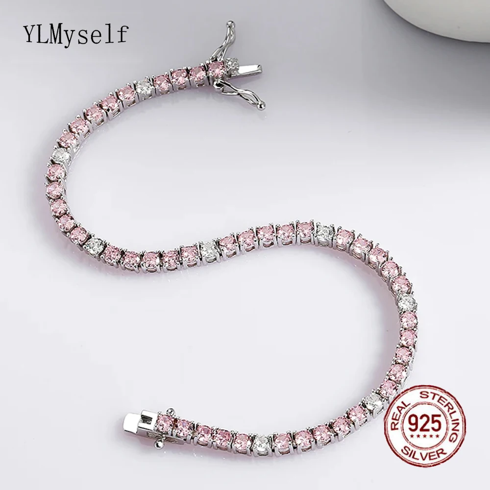 Women's 3mm Pink & White Cubic Zircon Tennis Bracelet 15-19cm Length Solid 925 Sterling Silver Fine Jewelry Accessory