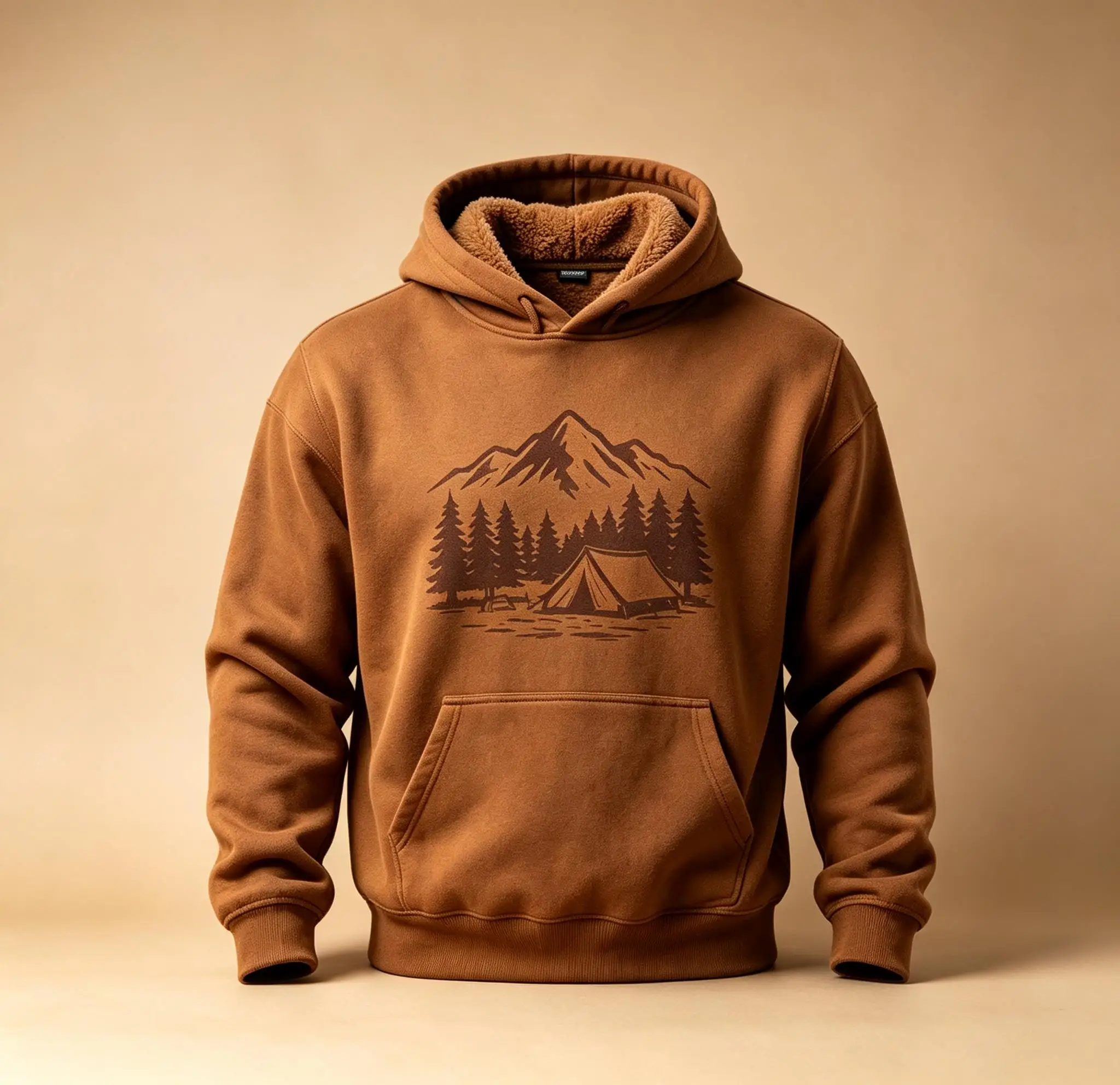 Men Fleece Lined Hoodie Caramel Mountain Forest Tent Print Drawstring Pullover Outdoor Sweatshirt