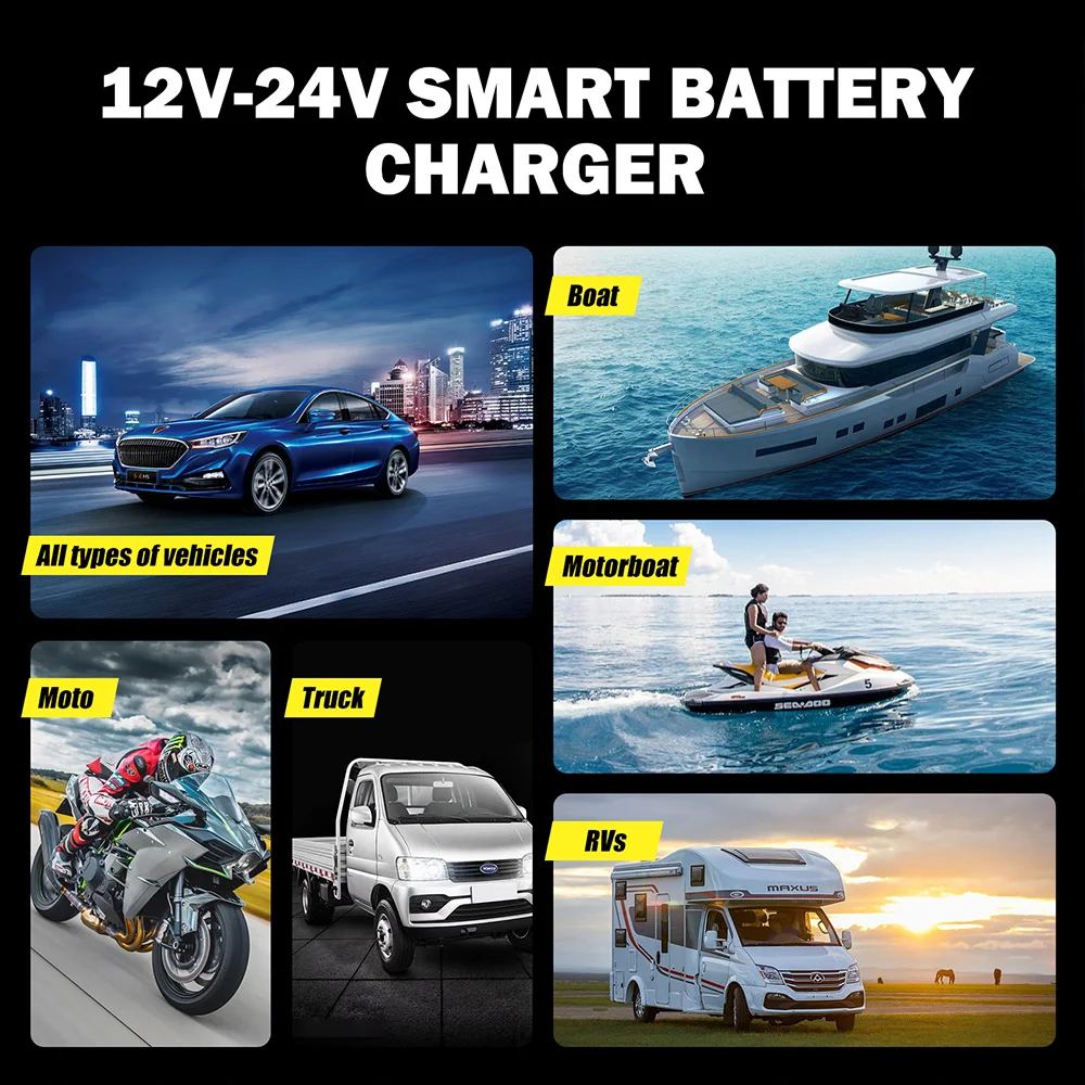FOXSUR FBC122408D 12V 8A 24V 4A Pulse Repair Charger with LCD Display Battery Charger AGM Deep Cycle GEL Lead-Acid Charger