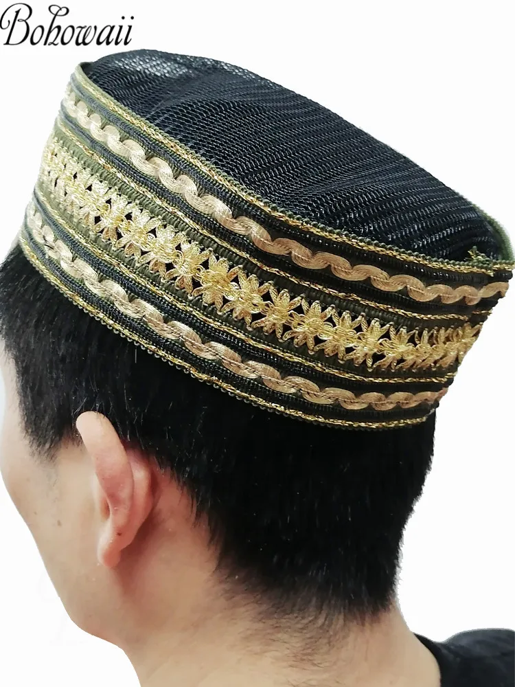 BOHOWAII Fashion Muslim Hat Islam Homme Kippahs Jewish Saudi African Kufi Prayer Bonnet Cap Summer Cool Beanie Headwear for Men