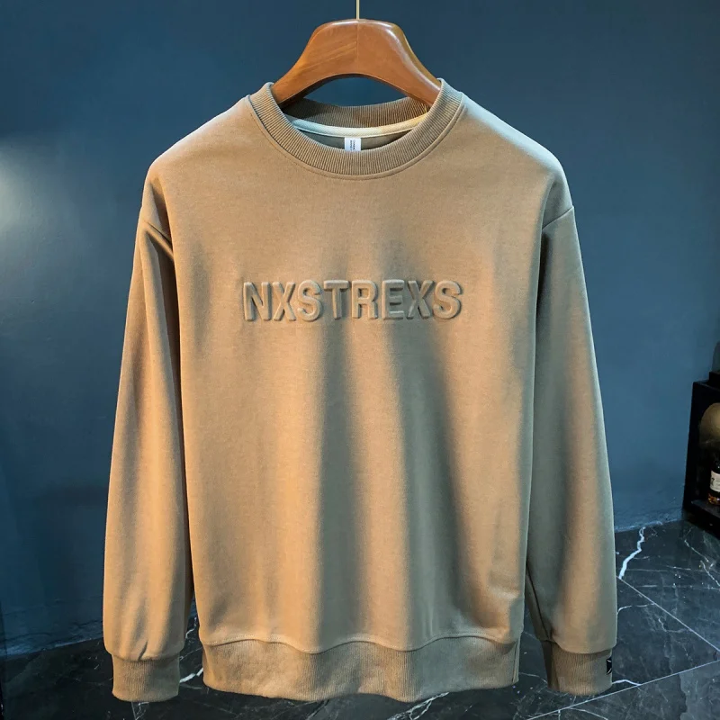 

White hoodie men's autumn loose three-dimensional embossed trendy casual round neck long sleeved shirt