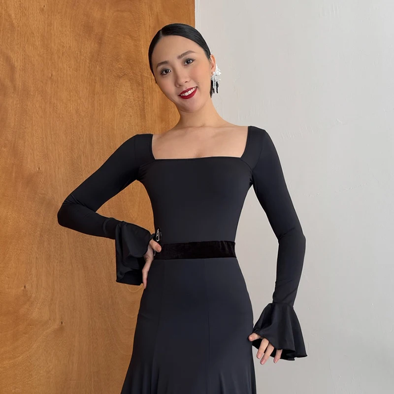 

Ballroom Dance Costume Womens Square Collar Long Sleeves Stage Bodysuit Adult Waltz Modern Dance Performance Practice Top XH2920