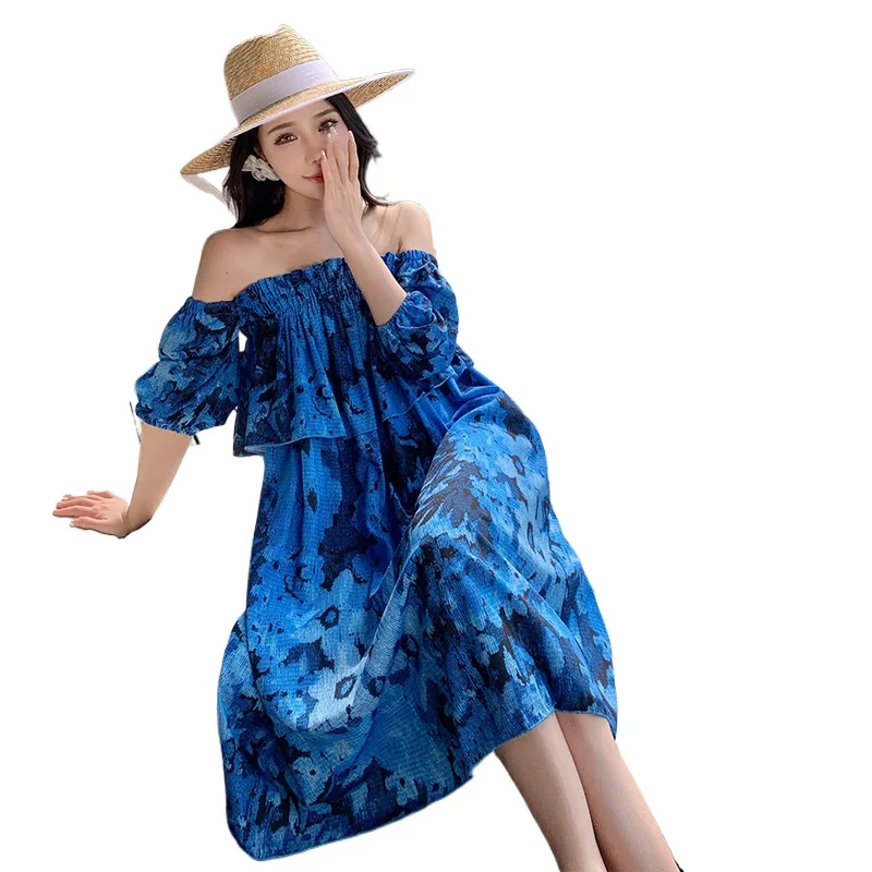 Summer blue one-shoulder dress loose cover meat Sanya beach holiday beach dress