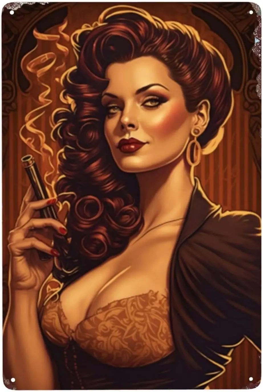 ZHIQUN Smoking Girl Metal Tin Sign 8x12 Inches - Glamorous Retro Wall Decor for Bar & Wedding, Curly Red Hair Cigar Art sign