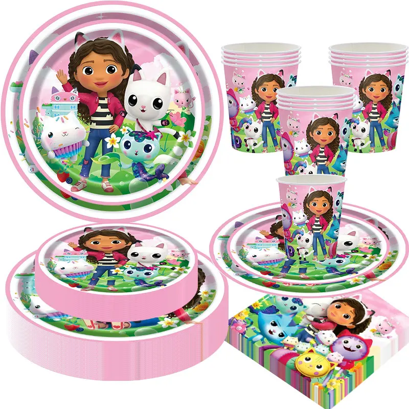 Ensemble de décorations pour fête d'anniversaire Gabby Dollhouse, comprenant des gobelets, des assiettes, des ballons, des sacs cadeaux, des bannières et des fournitures pour les cadeaux de fête pour