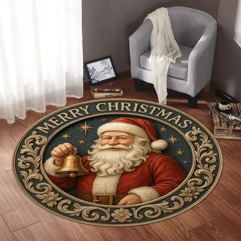 VIKAMA 3D Optical Illusion Round Rug Christmas Train Tunnel Print Soft Non Slip Washable Carpet for Living Room Holiday Decor