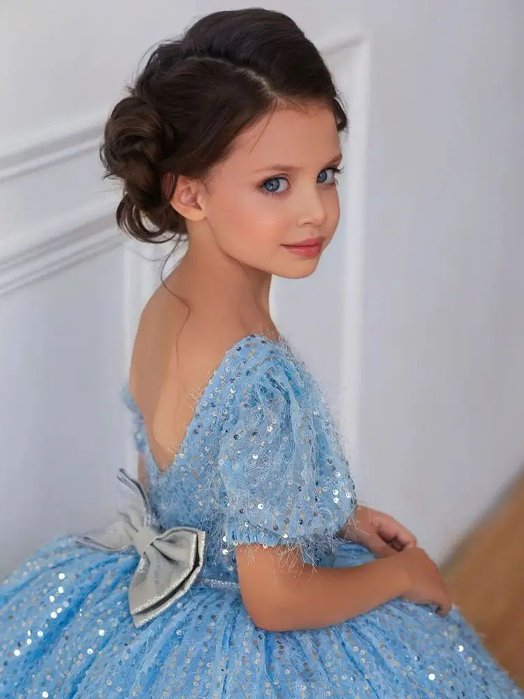 فساتين فتاة الزهور لامعة السماء الزرقاء الزفاف الترتر فساتين مخصصة القوس فتاة الاطفال عيد ميلاد الكرة ثوب المناولة المقدسة الأولى #4