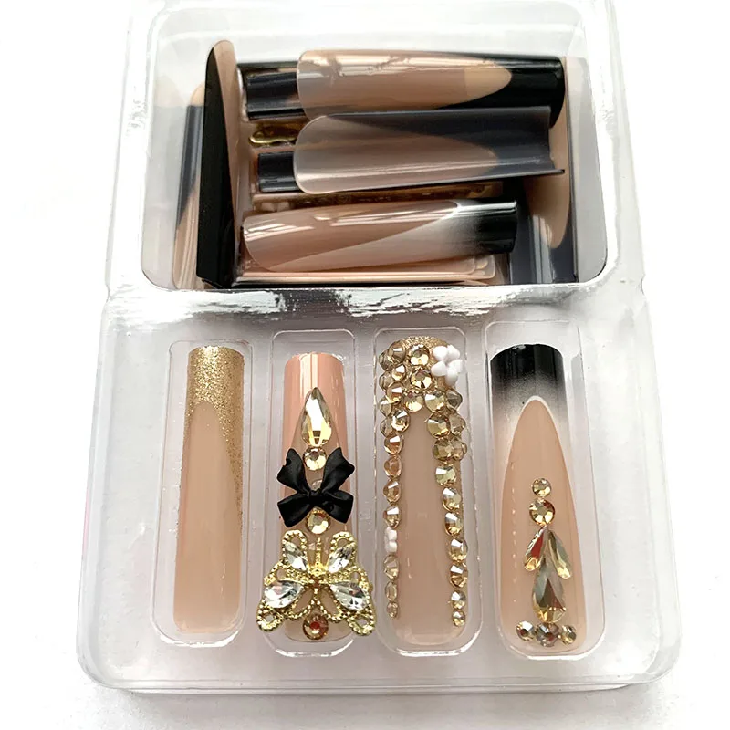 24 sztuk/zestaw ślubne wciśnięte paznokcie damskie perły Rhinestone zdobione długie sztuczne paznokcie paznokcie ślubne wielokrotnego użytku na specjalne okazje