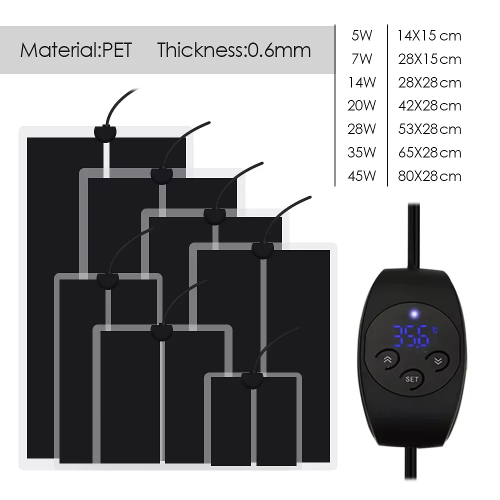 EU AU US UK Plug 5W-45W Reptile Plant Heating Pad with Sensor Probe 0-50°C Adjustable Temperature Controller Pet Heat Mat