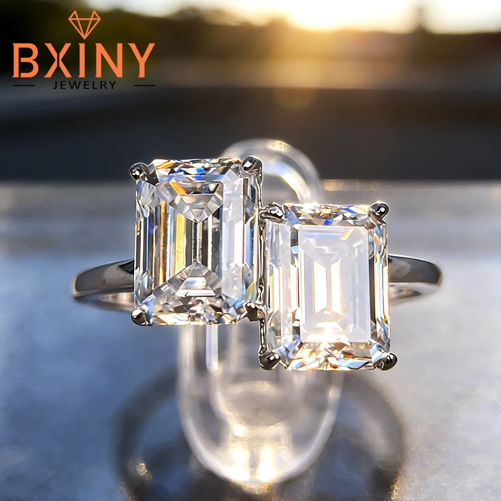 

BXINY 4cttw Double Emerald Cut Moissanite Rings 925 Sterling Silver 2-Stone Diamond For Women Wedding Band Gift Fine Jewelry GRA