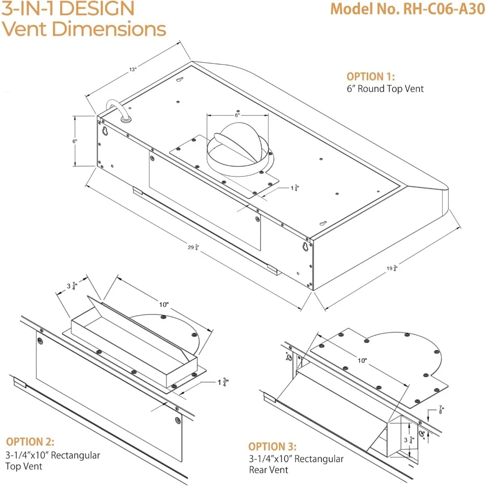 Aço inoxidável sob o armário Gama Hood, 6 "alta, 1mm de espessura, 4 velocidades, 900 CFM, 2 luzes LED, clássico