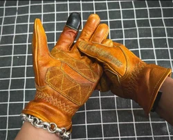 Handmade Genuine Leather Retro Motorcycle Gloves Full Finger Touch Screen Knuckle Protection Racing Riding Motorcycle Gear