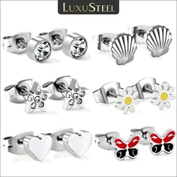 LUXUSTEEL Punk Silver Color Stainless Steel Stud Earrings For Women Men Heart Round Star Cubic Zirconia Crystal Flower Butterfly