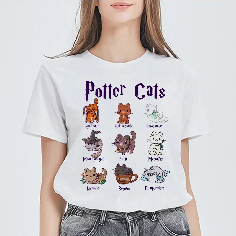 Summer Female Tee shirt Basic Potter Cats O-neck Short Sleeved  Print Harajuku Tops Women T-shirt Casual Kawaii Ladies T-shirt