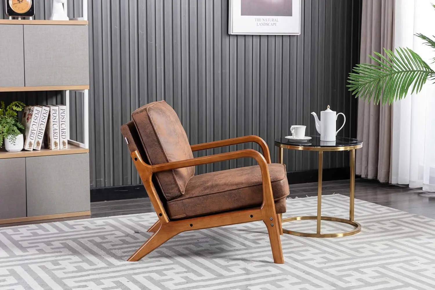 Accent Chair, Mid-Century Modern Armchair with Solid Wood Frame for Living Room Bedroom Belcony (Coffee + Microsuede)