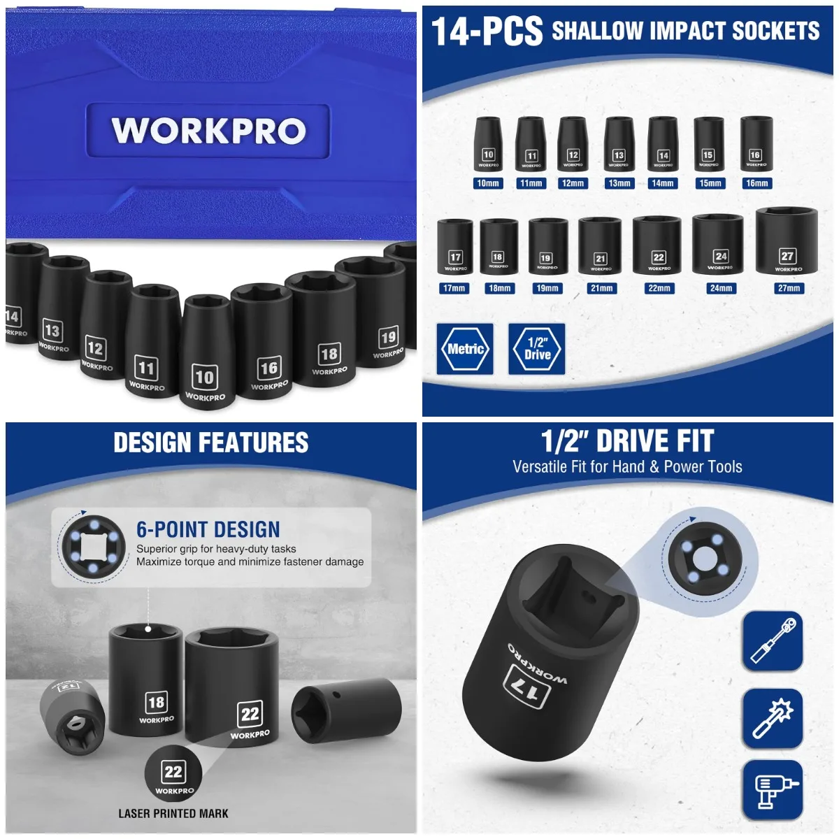 

Набор неглубоких ударных головок с приводом 1/2 дюйма, 6-точечная метрическая сталь Cr-V, 14 шт. 10–27 мм с футляром