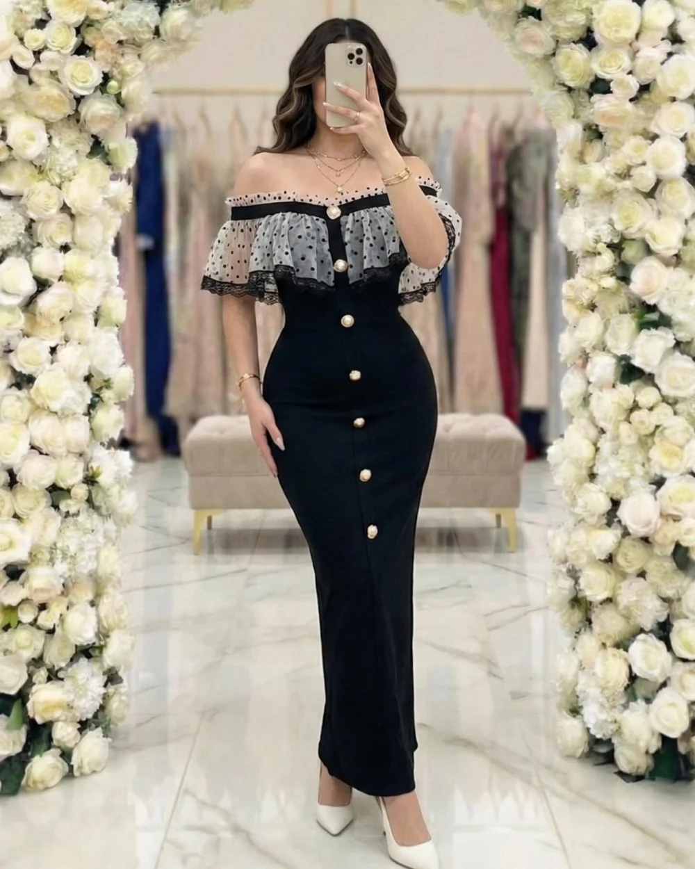 

Customized Simple Women Jersey Lace Ruched Sheath Evening Dresses Modern Style Off-the-shoulder Sleeveless Ankle Length Dresses
