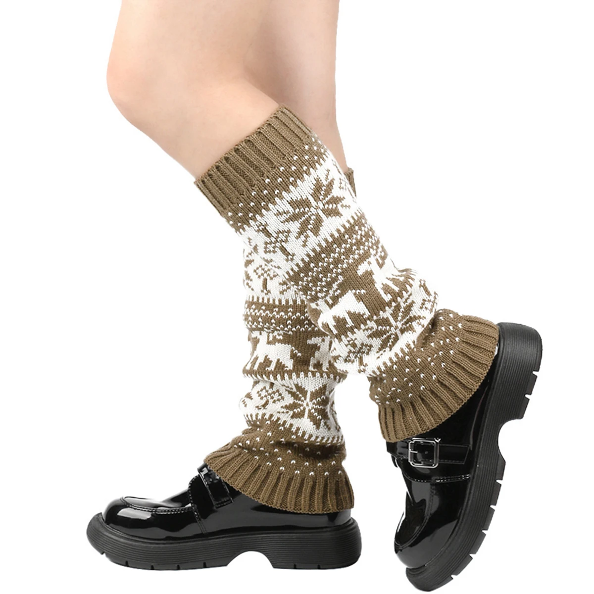 Scaldamuscoli natalizi da donna Fiocco di neve Autunno Inverno Stile folk Leggings caldi Calzini per stivali lavorati a maglia al ginocchio Scaldamuscoli