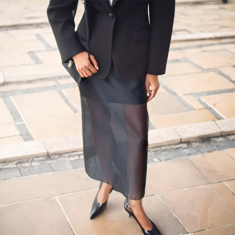 New Fashionable Versatile Black Mesh Skirt for Women Double-Layer Design Sheer High-Waisted Split Pencil Skirt