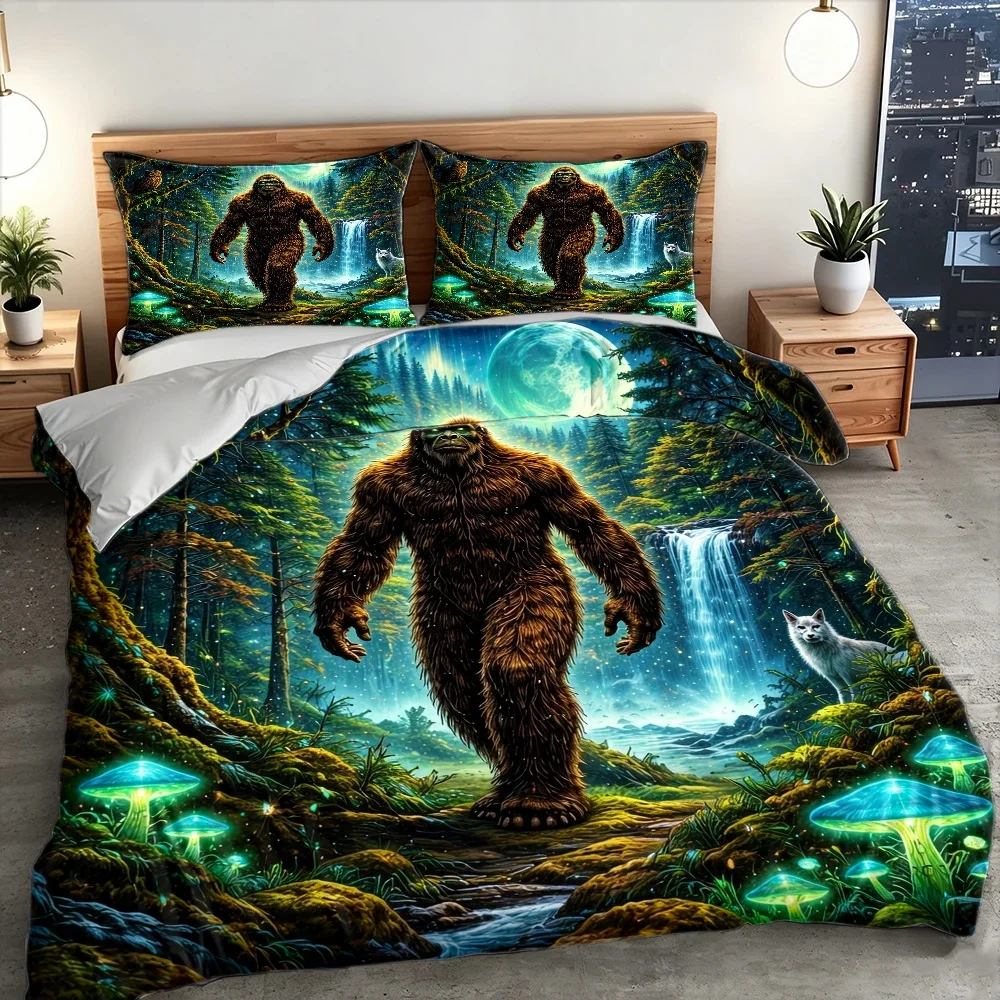 3Pc Fantasy Forest Bigfoot Theme Duvet Cover Set, Three-Piece Bedding Set (1*Duvet Cover + 2*Pillowcases), Suitable for All Seasons, Machine Washable, Hidden Zipper Design, Large Double Bed Cover Set, Universal for Home, Dorm, Master Bedroom, Guest Room, Fluorescent Mushroom Forest Animal Elements, Personalized Artistic Style Bedding, Cross-Border Hot-Selling Bedroom Bedding Set
