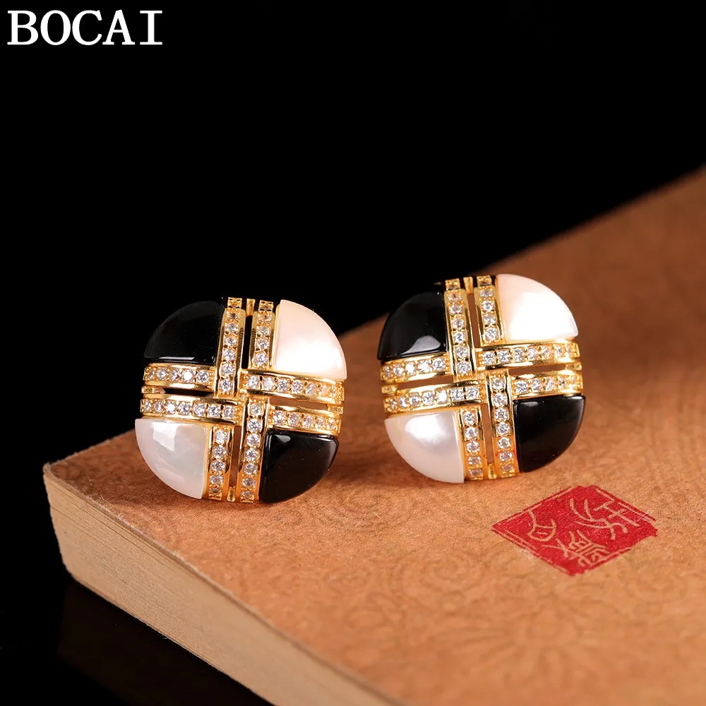 

BOCAI NEW S925 Silver Fashion Light Luxury Inlaid With Lapis Lazuli Shells Earrings Women's Gifts
